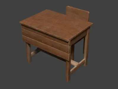 Old wooden school table and chair Free low-poly 3D model