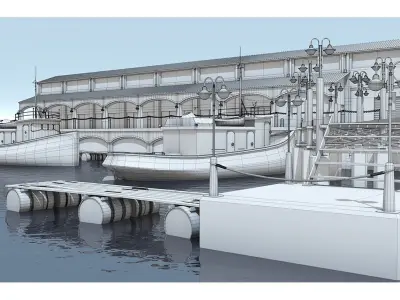 Untextured clay model of harbor pier and fishing boats - Update 3D model