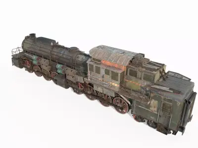 Railway vehicle old-style war damaged locomotive 3D model