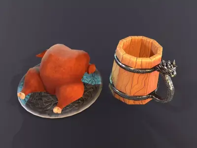 Lowpoly stylized fried chicken and beer pint mug asset Low-poly 3D model