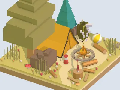 isometric camping ground near a big tree Low-poly 3D model