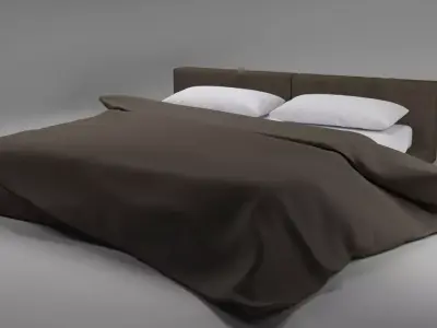 Large bed in a modern style with a blanket and pillows Free 3D model
