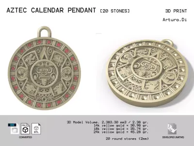 Aztec Calendar Pendant with 20 stones 3D print model