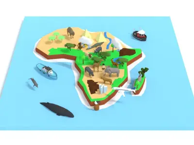 Low Poy Cartoon Africa Map With Animals Low-poly 3D model