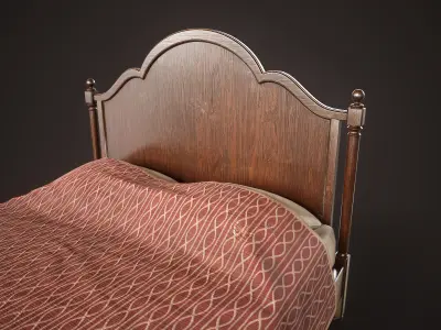 Vintage Wooden Bed Low-poly 3D model