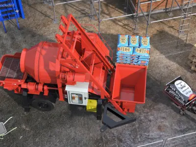 Worker with Cement and Concrete Mixer Pump 3D model
