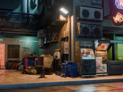 Fish Shop And Garbage Dump Cyberpunk Street Low-poly 3D model