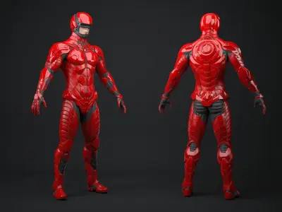 Futuristic Cyborg in Red Armor Rigged 3D model