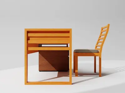 Wooden Study Furniture Table Chair and Drawer  3D model