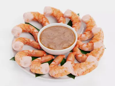 Shrimps on Plate with Sauce - Realistic Seafood Arrangement 3D model
