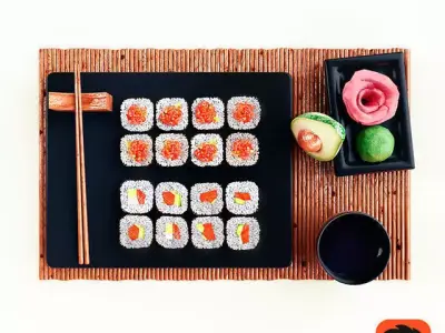 Sushi japanese on mat with chopsticks 3D model