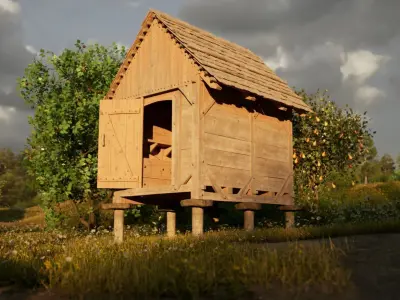 Enterable small medieval granary Low-poly 3D model