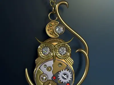 Steampunk owl pendant on chains 3D model