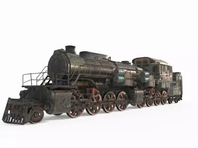 Railway vehicle old-style war damaged locomotive 3D model