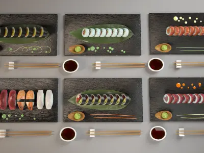 sushi belt Kaitenzushi and dishes Giapan seafood Low-poly 3D model