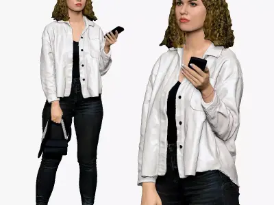 001255 woman in white top red hairs phone in hand 3D model