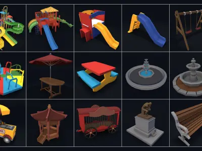 Poly Amusement Park Props Pack Collection Low-poly 3D model