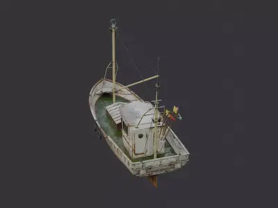 Classic wooden fishing boat with cabin Low-poly 3D model