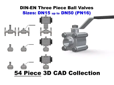 DIN EN - Three Piece Ball Valves CAD Files 3D model