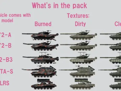 T72 5in1 Pack MSTA-S MLRS T72-B T72-B3 Low-poly 3D model