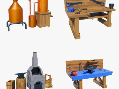 Stylized Workshop Pack – Forge, 2x Workbenches &amp;amp; Alchemy Table 3D model