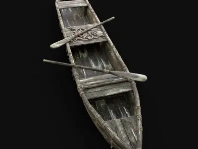 LONG BOAT ROWBOAT WOODEN FISHERMAN RIVER FISH LAKE CANOE SHIP Low-poly 3D model