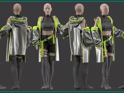 female cyberpunk outfit with texture and smart material 3D model