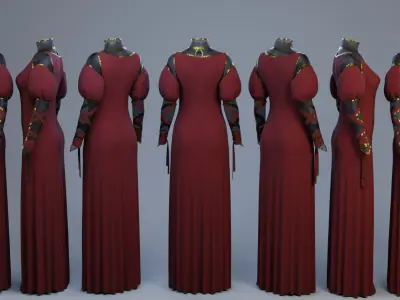 Blood-Red Velvet Medieval Dress -Clean Quad Topology- 3D model