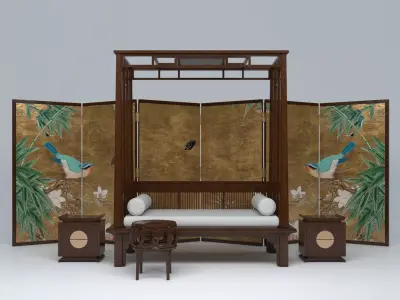 ZEN SET room divider with birds and flowers 3D model