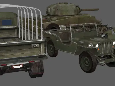 american wwii pack Tanks armored vehicles soldiers motorcycles Low-poly 3D model