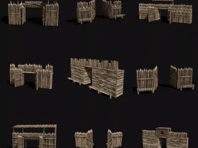 WOODEN GATE DOOR PALISADE WALLS MEDIEVAL FANTASY COLLECTION Low-poly 3D model