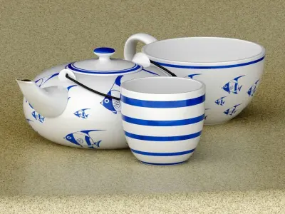 Chinese porcelain tea set with fish paints pattern 3D model