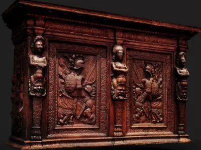 ancient wooden furniture ornaments PBR photogrammetry Low-poly 3D model