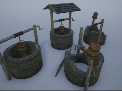 Lowpoly Medieval Wells Low-poly 3D model