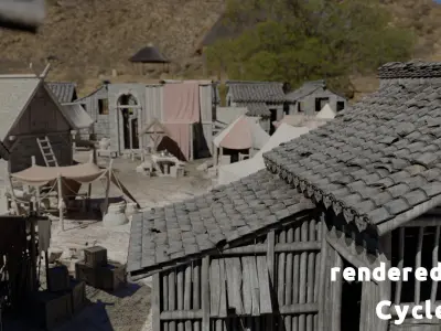 Highly detailed busy medieval town square with market stalls Low-poly 3D model