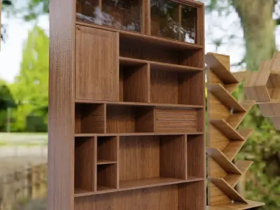 Bookcase Collection set of wooden shelves in wooded area Free 3D model