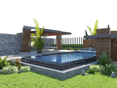 private garden with pool and pergola 3D model