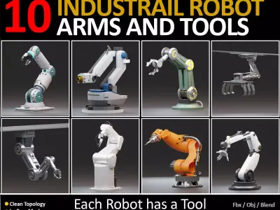 10 Industrial Robot Arm and 5 tools 3D model Low-poly 3D model