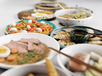 Food collection plate of spring rolls with sauce 3D model