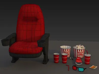 Cinema - Low Poly chair with popcorn and glasses Low-poly 3D model