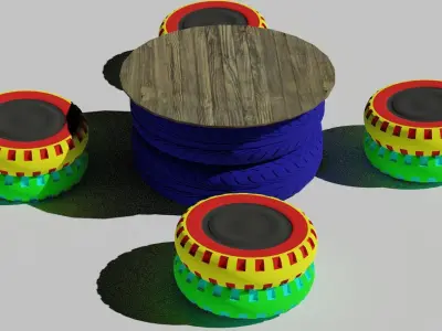 Outdoor table from recycled tires Low-poly 3D model