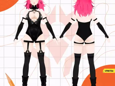 VRM DEMON SUCCUBUS HORNED LATEX SUIT GOTHIC PINK HAIR 3D model