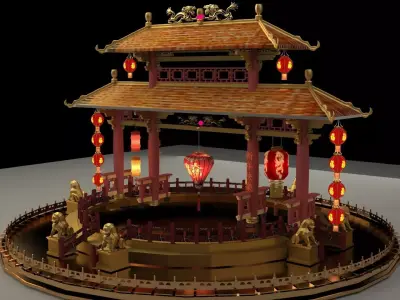 Chinese ancient gate with red lanterns 3D model