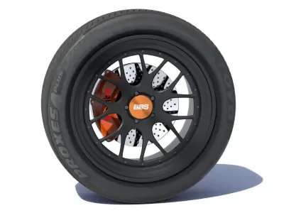 sports car wheel with rim tire and brakes 3D model