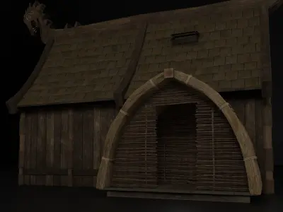 Viking House with Thatch Shack with interior and wooden fence Low-poly 3D model