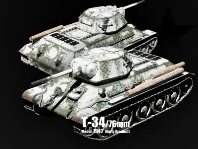 T-34-76 - Soviet Medium Tank - Winter Livery - Model 1942 Early Low-poly 3D model