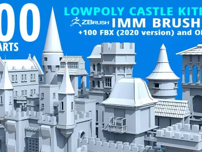 100 Low poly medieval fantasy castle fortress kitbash IMM brush 3D model