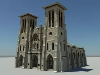 Cathedral church with two towers Low-poly 3D model