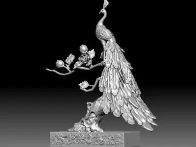 Peacock and Flowers 3D model