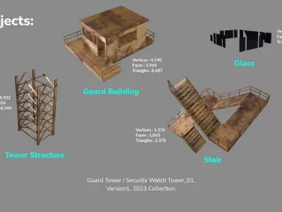 PBR Low Poly Guard Tower Security Watch Tower Cream Rusted Low-poly 3D model